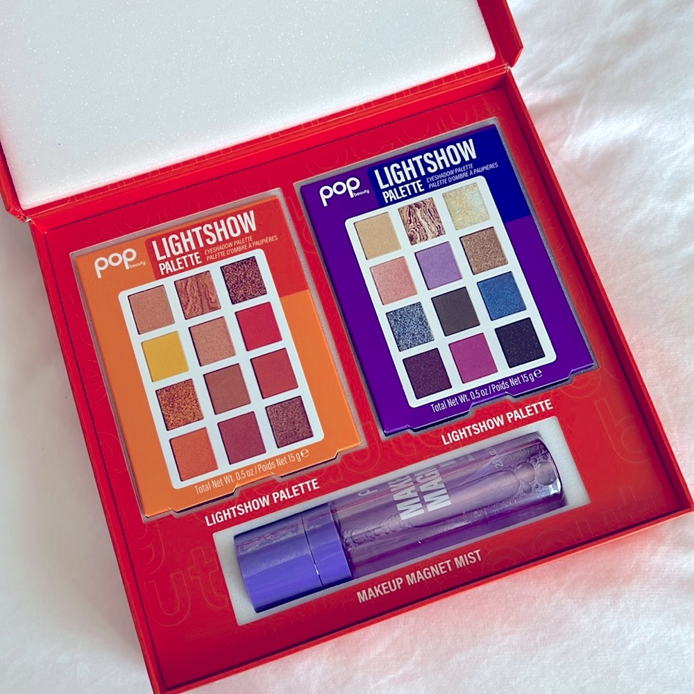 POP Beauty set 2 lightshow eyeshadow palettes + makeup magnet mist setting spray